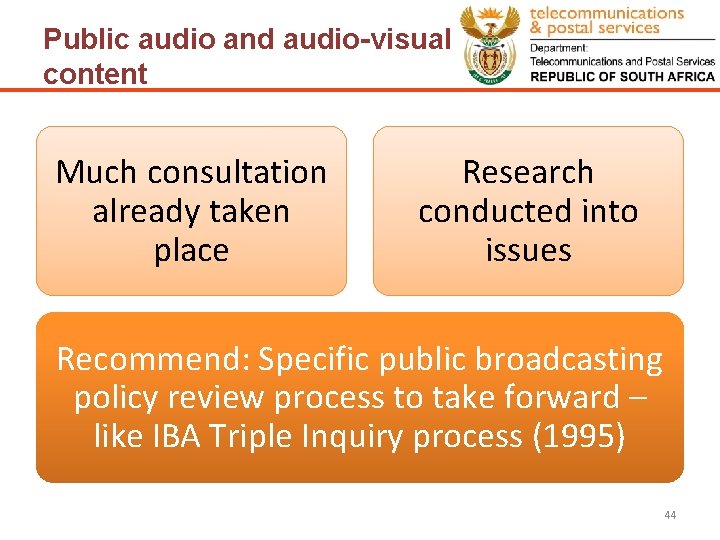 Public audio and audio-visual content Much consultation already taken place Research conducted into issues