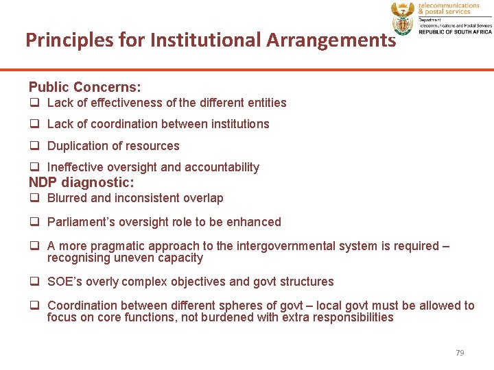 Principles for Institutional Arrangements Public Concerns: q Lack of effectiveness of the different entities