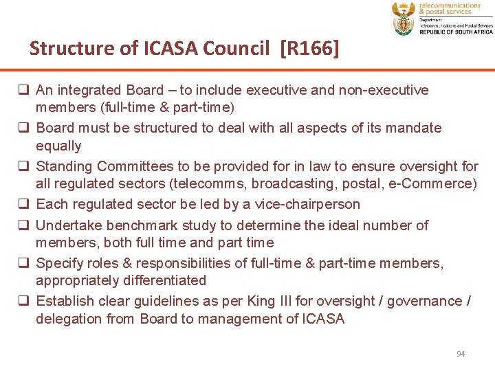 Structure of ICASA Council [R 166] q An integrated Board – to include executive