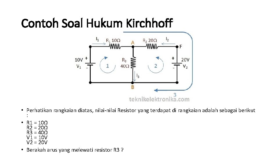 Contoh Soal Hukum Kirchhoff • Perhatikan rangkaian diatas, nilai-nilai Resistor yang terdapat di rangkaian