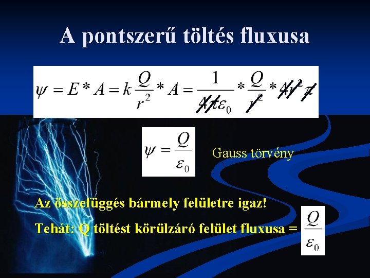 A pontszerű töltés fluxusa Gauss törvény Az összefüggés bármely felületre igaz! Tehát: Q töltést