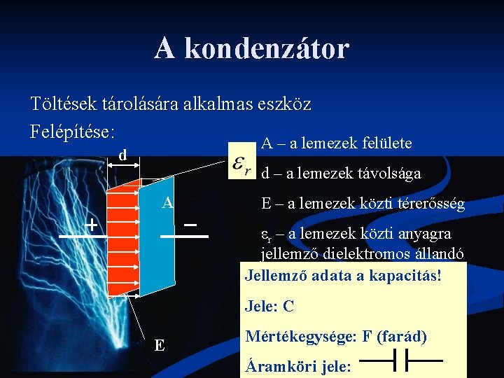 A kondenzátor Töltések tárolására alkalmas eszköz Felépítése: A – a lemezek felülete d d A kondenzátor Töltések tárolására alkalmas eszköz Felépítése: A – a lemezek felülete d d