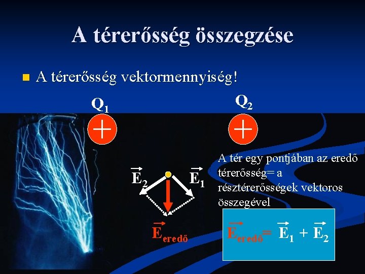 A térerősség összegzése n A térerősség vektormennyiség! Q 2 Q 1 E 2 E A térerősség összegzése n A térerősség vektormennyiség! Q 2 Q 1 E 2 E