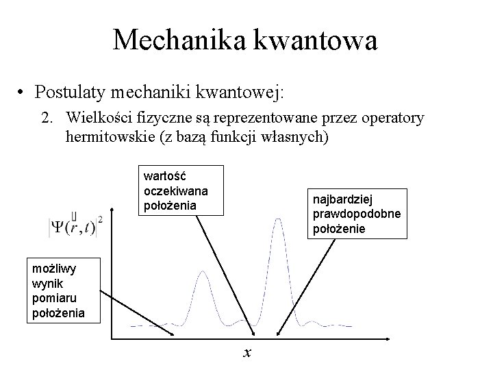 Mechanika kwantowa • Postulaty mechaniki kwantowej: 2. Wielkości fizyczne są reprezentowane przez operatory hermitowskie Mechanika kwantowa • Postulaty mechaniki kwantowej: 2. Wielkości fizyczne są reprezentowane przez operatory hermitowskie