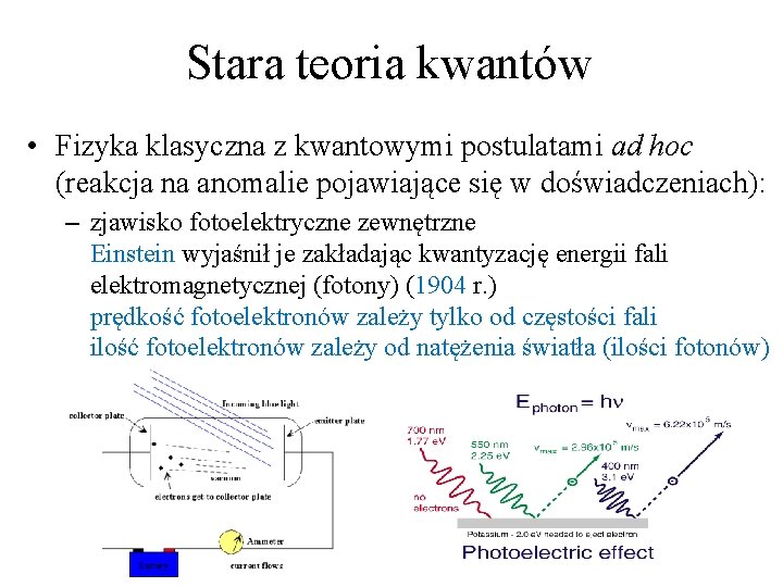 Stara teoria kwantów • Fizyka klasyczna z kwantowymi postulatami ad hoc (reakcja na anomalie Stara teoria kwantów • Fizyka klasyczna z kwantowymi postulatami ad hoc (reakcja na anomalie