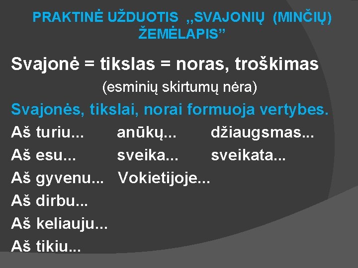 PRAKTINĖ UŽDUOTIS , , SVAJONIŲ (MINČIŲ) ŽEMĖLAPIS” Svajonė = tikslas = noras, troškimas (esminių