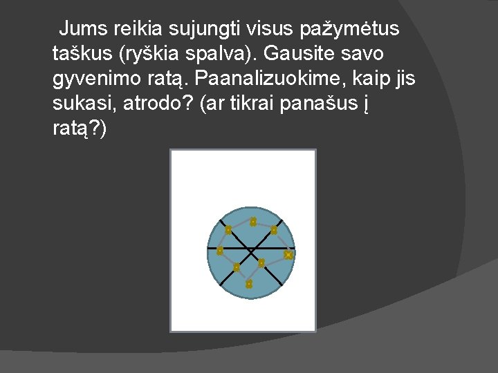  Jums reikia sujungti visus pažymėtus taškus (ryškia spalva). Gausite savo gyvenimo ratą. Paanalizuokime,