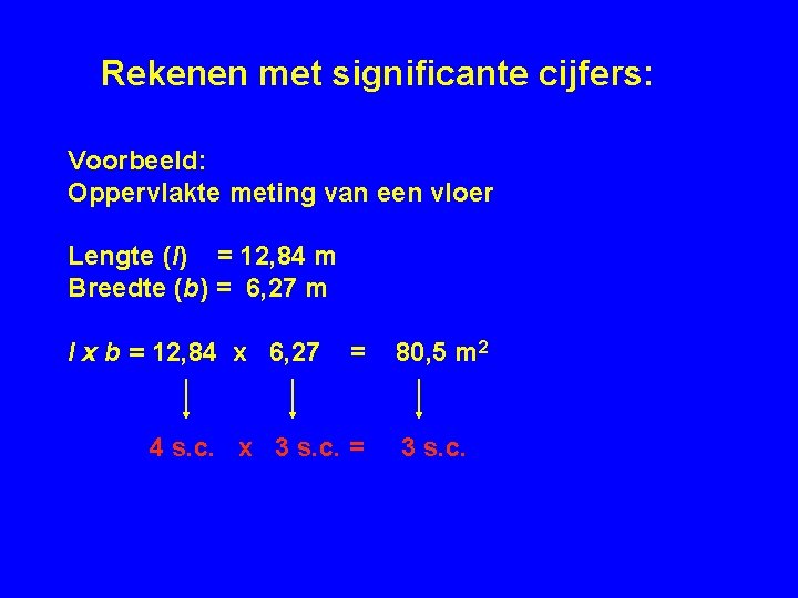 Rekenen met significante cijfers: Voorbeeld: Oppervlakte meting van een vloer Lengte (l) = 12,