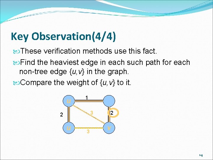 Key Observation(4/4) These verification methods use this fact. Find the heaviest edge in each