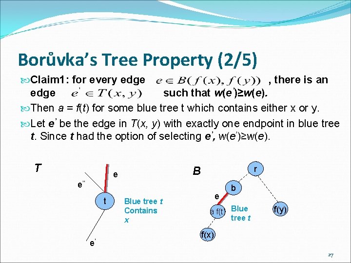 Borůvka’s Tree Property (2/5) Claim 1: for every edge , there is an edge