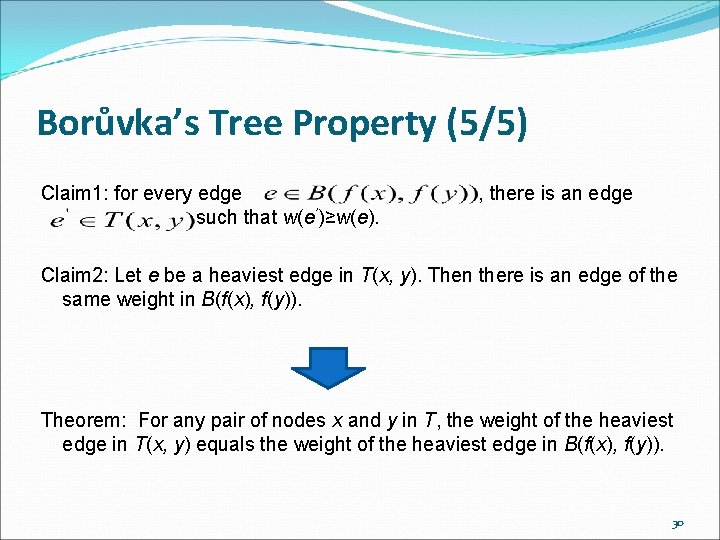 Borůvka’s Tree Property (5/5) Claim 1: for every edge such that w(e’)≥w(e). , there