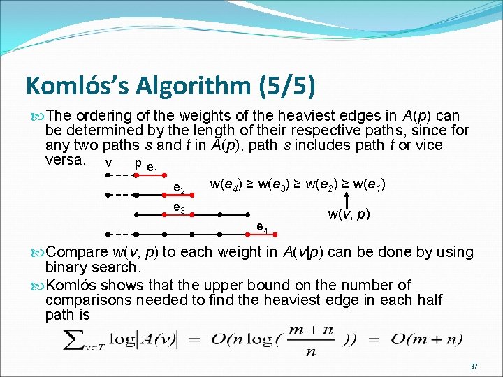 Komlós’s Algorithm (5/5) The ordering of the weights of the heaviest edges in A(p)
