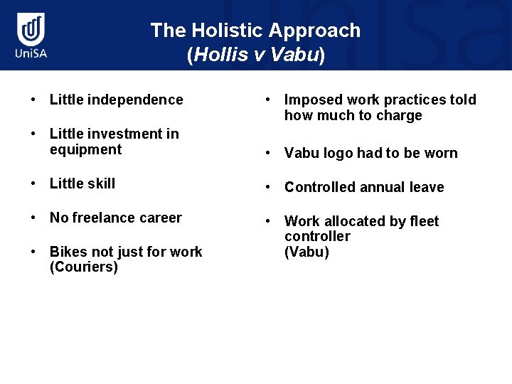 The Holistic Approach (Hollis v Vabu) • Little independence • Imposed work practices told