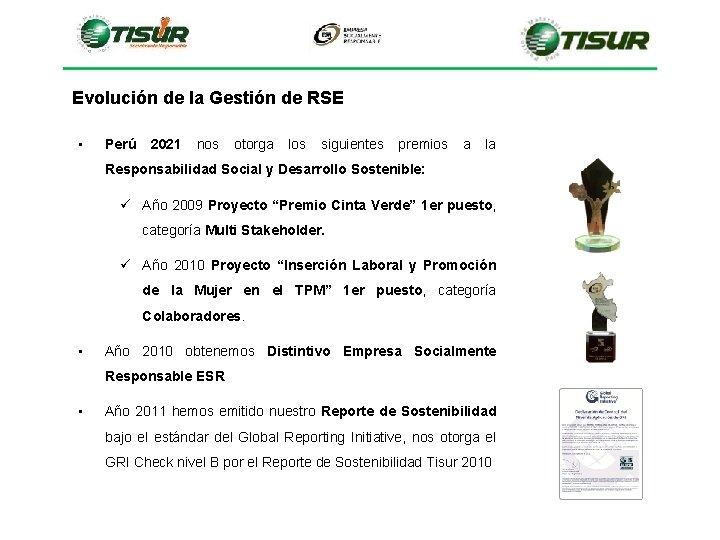 Evolución de la Gestión de RSE • Perú 2021 nos otorga los siguientes premios Evolución de la Gestión de RSE • Perú 2021 nos otorga los siguientes premios