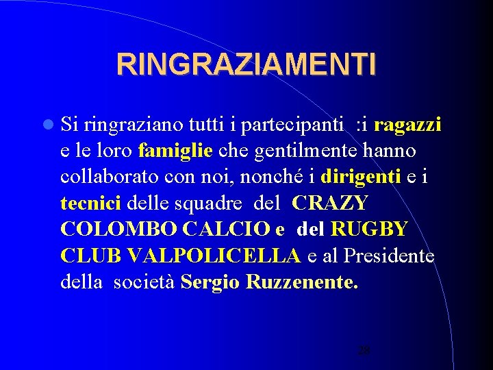 RINGRAZIAMENTI Si ringraziano tutti i partecipanti : i ragazzi e le loro famiglie che