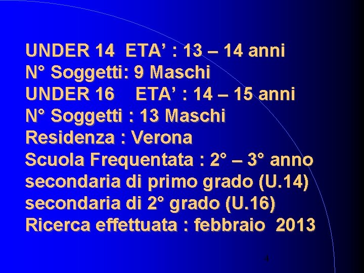 UNDER 14 ETA’ : 13 – 14 anni N° Soggetti: 9 Maschi UNDER 16