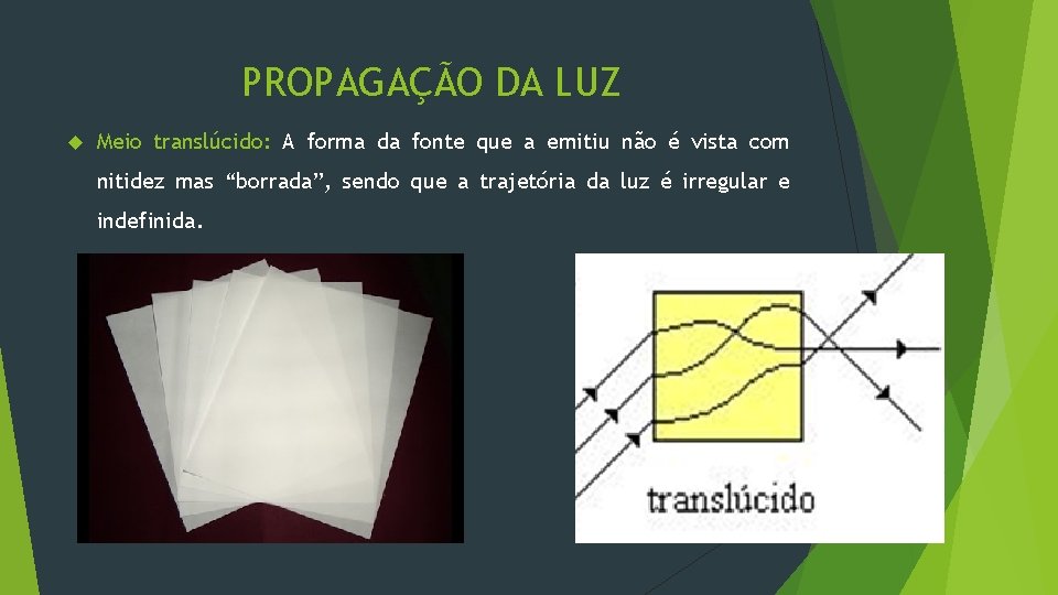 PROPAGAÇÃO DA LUZ Meio translúcido: A forma da fonte que a emitiu não é