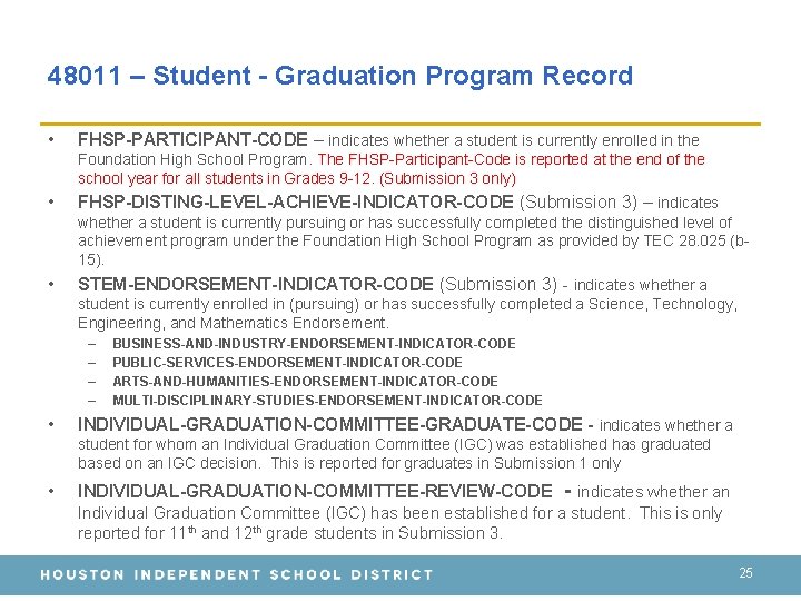 48011 – Student - Graduation Program Record • FHSP-PARTICIPANT-CODE – indicates whether a student