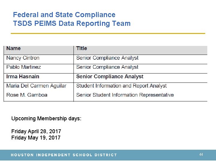 Federal and State Compliance TSDS PEIMS Data Reporting Team Upcoming Membership days: Friday April