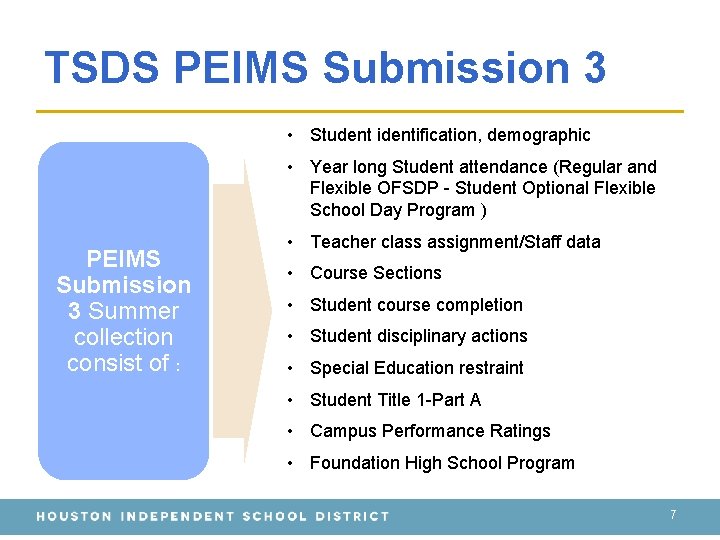 TSDS PEIMS Submission 3 • Student identification, demographic • Year long Student attendance (Regular