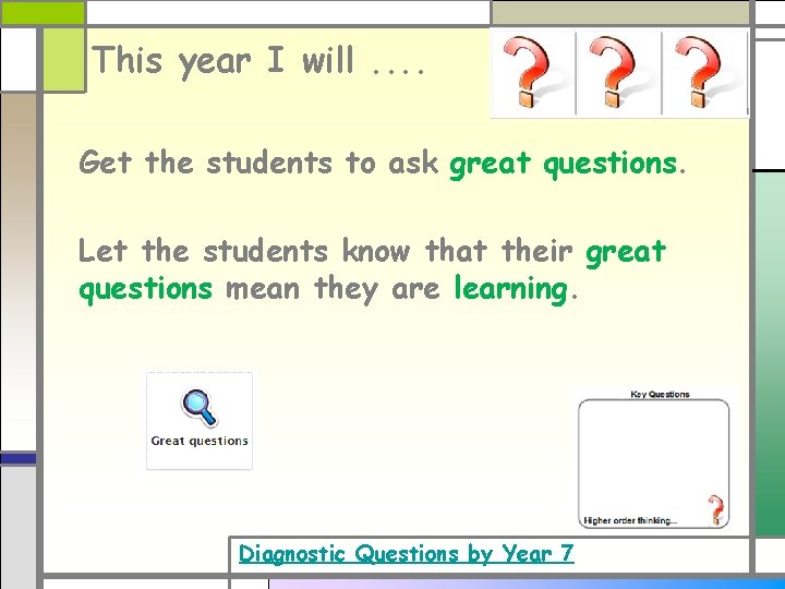 This year I will. . Get the students to ask great questions. Let the This year I will. . Get the students to ask great questions. Let the