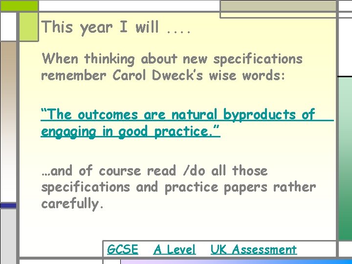 This year I will. . When thinking about new specifications remember Carol Dweck’s wise This year I will. . When thinking about new specifications remember Carol Dweck’s wise