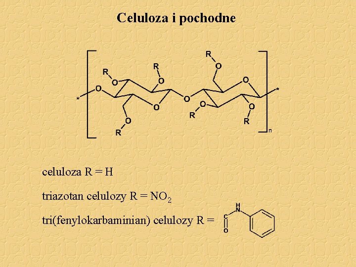 Celuloza i pochodne celuloza R = H triazotan celulozy R = NO 2 tri(fenylokarbaminian)