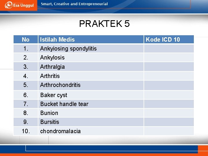 PRAKTEK 5 No Istilah Medis 1. Ankyiosing spondylitis 2. Ankylosis 3. Arthralgia 4. Arthritis