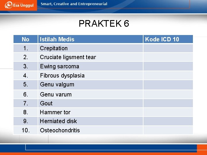 PRAKTEK 6 No Istilah Medis 1. Crepitation 2. Cruciate ligsment tear 3. Ewing sarcoma