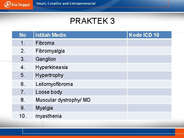 PRAKTEK 3 No Istilah Medis 1. Fibroma 2. Fibromyalgia 3. Ganglion 4. Hyperkineasia 5.