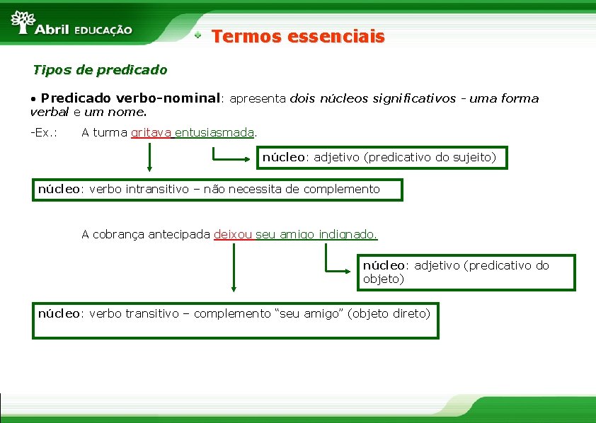 Termos essenciais Tipos de predicado • Predicado verbo-nominal: apresenta dois núcleos significativos - uma