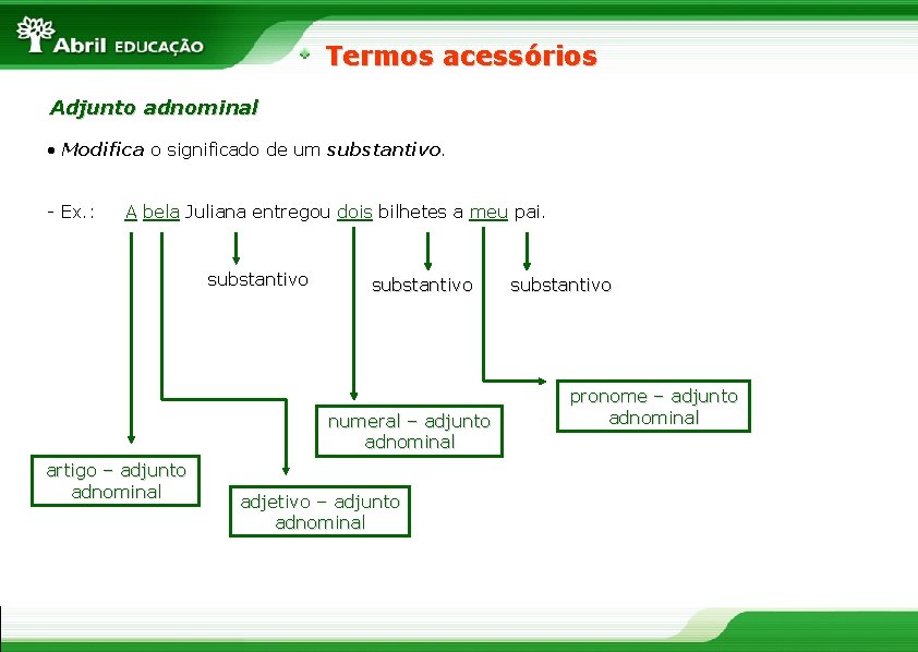 Termos acessórios Adjunto adnominal • Modifica o significado de um substantivo. - Ex. :