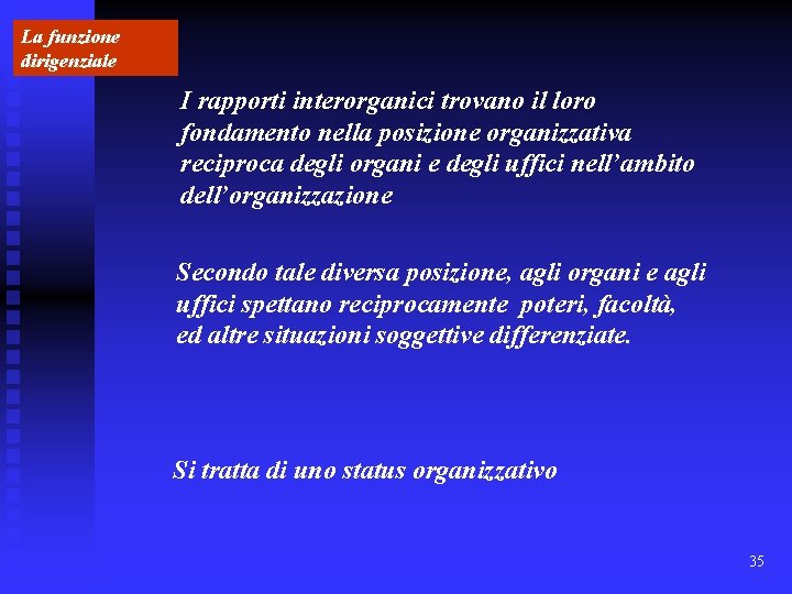 La funzione dirigenziale I rapporti interorganici trovano il loro fondamento nella posizione organizzativa reciproca