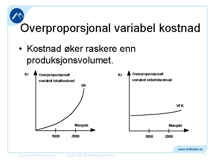 Overproporsjonal variabel kostnad • Kostnad øker raskere enn produksjonsvolumet. Kr Kr Overproporsjonalt variabel enhetskostnad