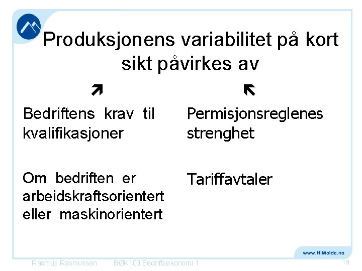 Produksjonens variabilitet på kort sikt påvirkes av Bedriftens krav til kvalifikasjoner Permisjonsreglenes strenghet Om