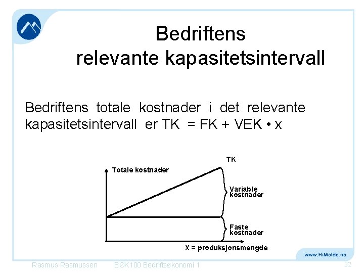 Bedriftens relevante kapasitetsintervall Bedriftens totale kostnader i det relevante kapasitetsintervall er TK = FK