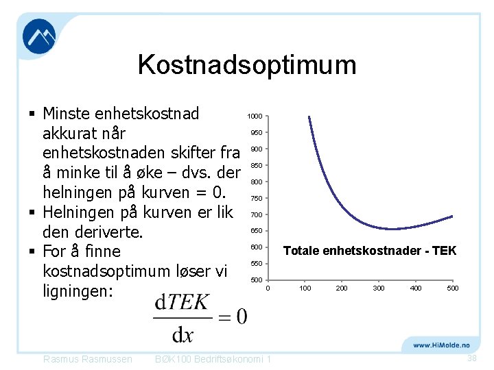 Kostnadsoptimum § Minste enhetskostnad akkurat når enhetskostnaden skifter fra å minke til å øke