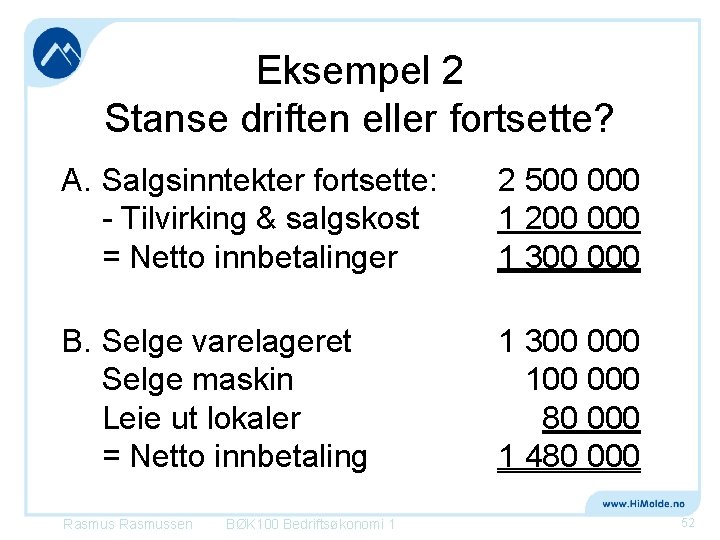 Eksempel 2 Stanse driften eller fortsette? A. Salgsinntekter fortsette: - Tilvirking & salgskost =