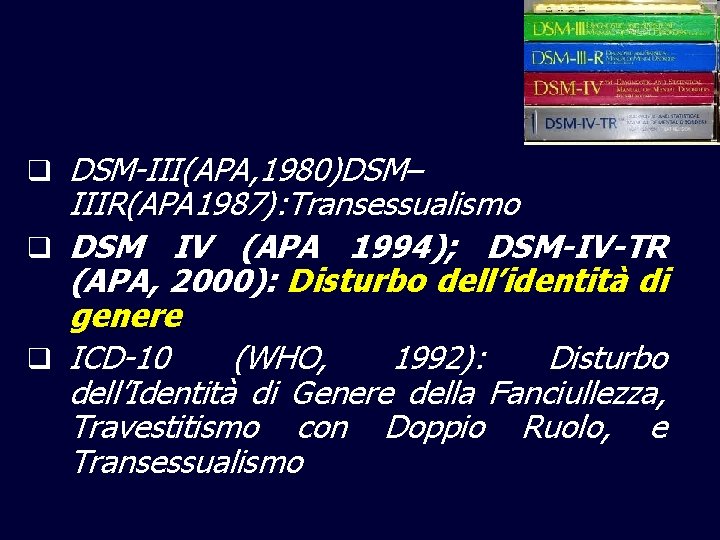 q DSM-III(APA, 1980)DSM– IIIR(APA 1987): Transessualismo q DSM IV (APA 1994); DSM-IV-TR (APA, 2000):