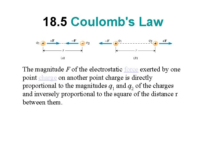 18. 5 Coulomb's Law The magnitude F of the electrostatic force exerted by one