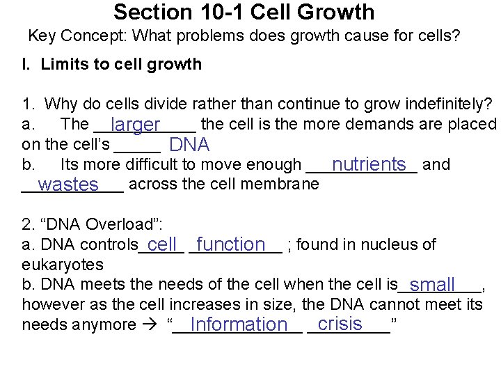 Section 10 -1 Cell Growth Key Concept: What problems does growth cause for cells?