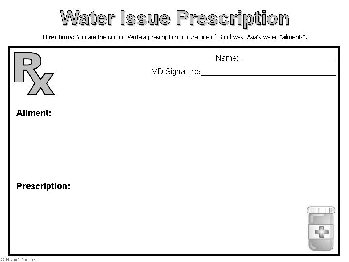 Water Issue Prescription Directions: You are the doctor! Write a prescription to cure one