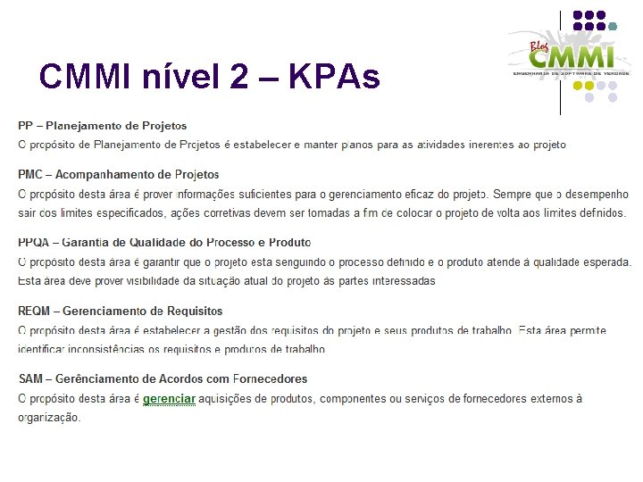 CMMI nível 2 – KPAs 