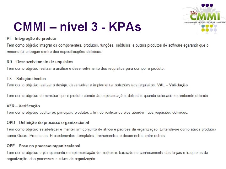 CMMI – nível 3 - KPAs 