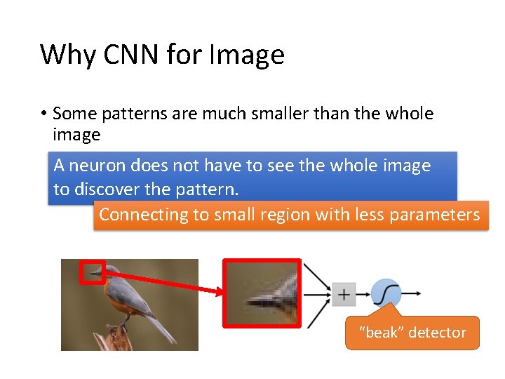 Why CNN for Image • Some patterns are much smaller than the whole image