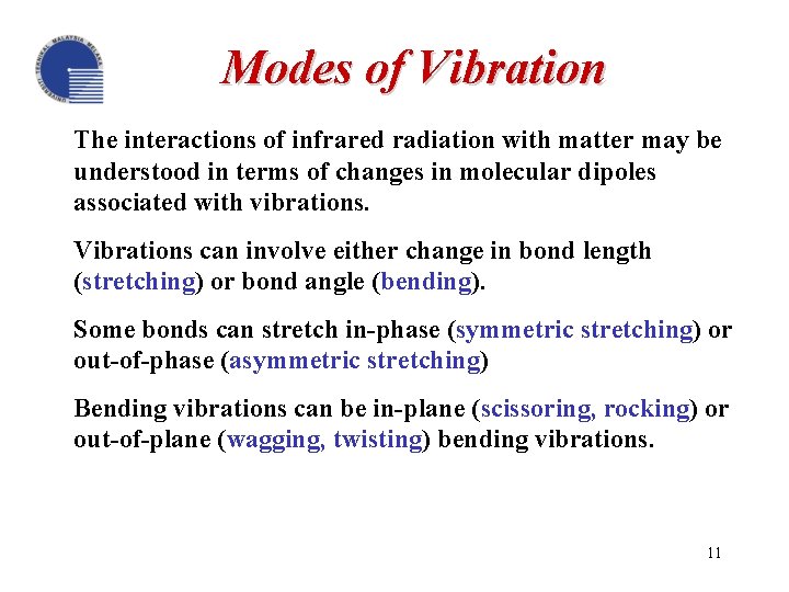 Modes of Vibration The interactions of infrared radiation with matter may be understood in