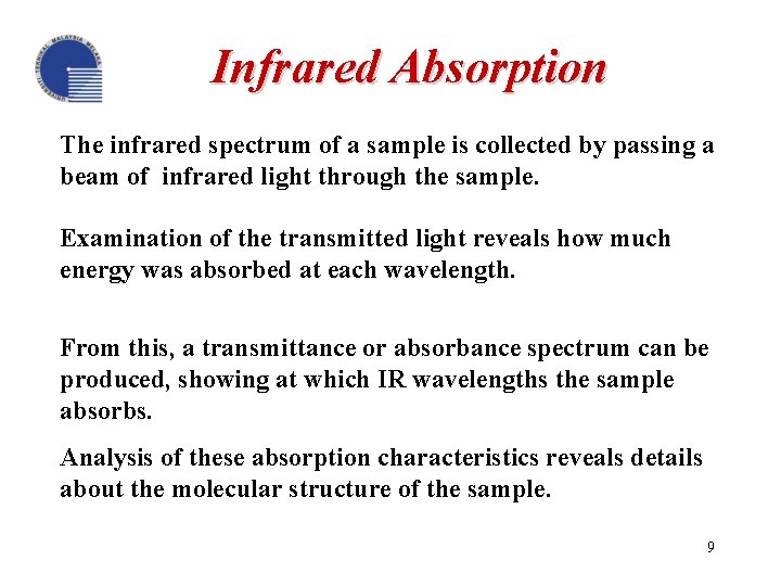 Infrared Absorption The infrared spectrum of a sample is collected by passing a beam
