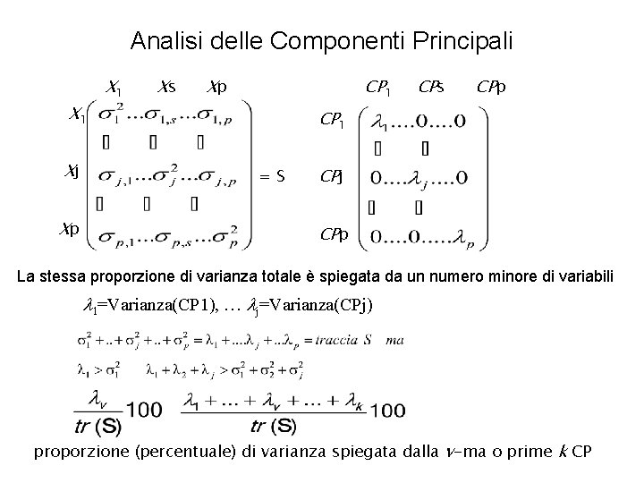 Analisi delle Componenti Principali X 1 Xj Xp X 1 Xs Xp CP 1