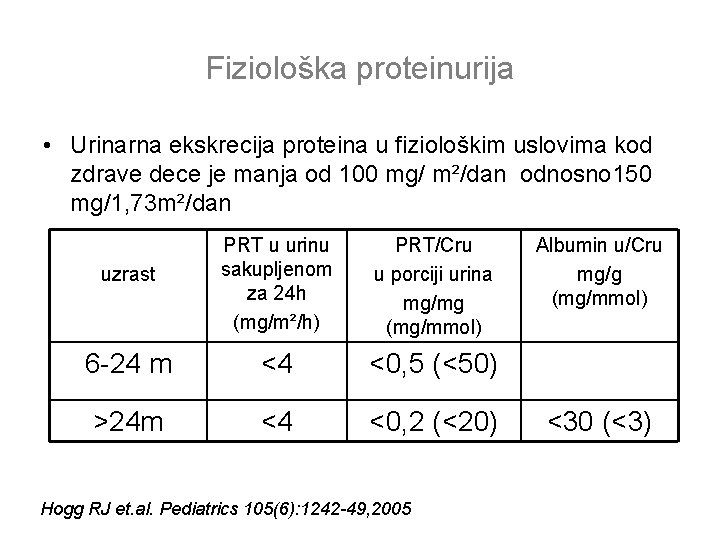Fiziološka proteinurija • Urinarna ekskrecija proteina u fiziološkim uslovima kod zdrave dece je manja