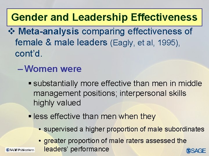Gender and Leadership Effectiveness v Meta-analysis comparing effectiveness of female & male leaders (Eagly,